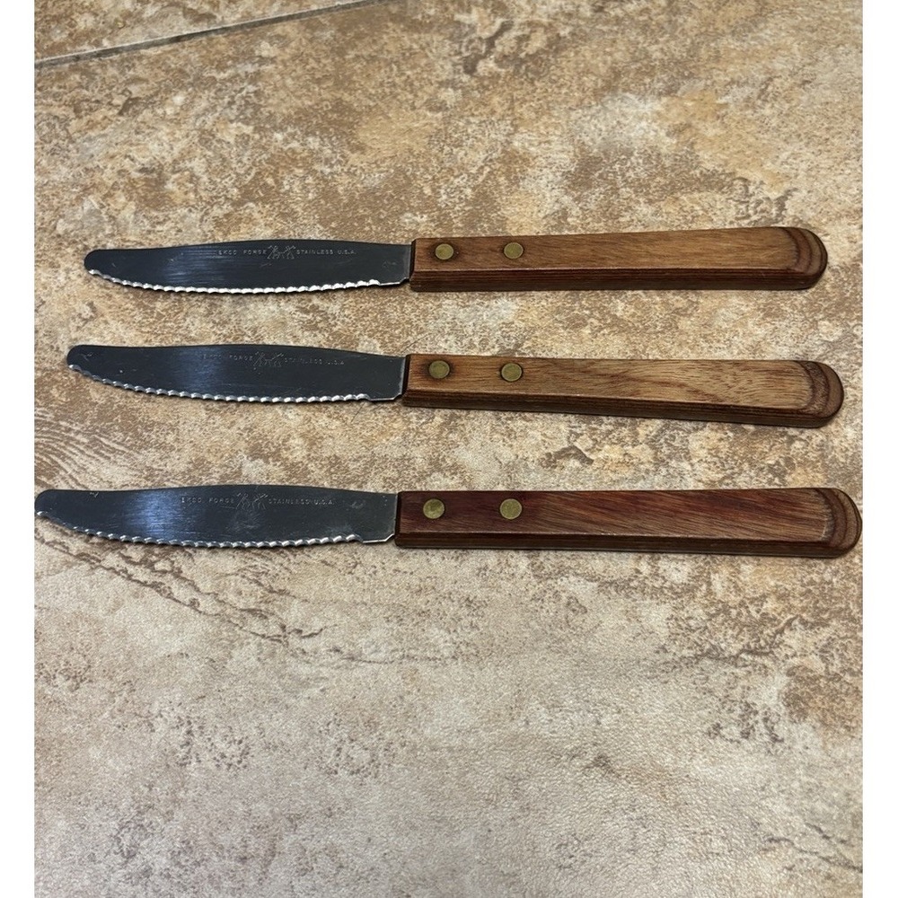 Lot Of Ekco Steak Knives (3) Stainless Steel Serrated Blade Wood Handle USA